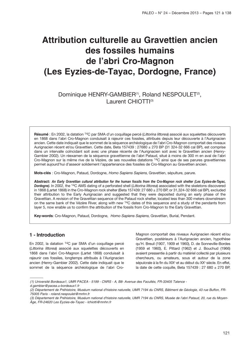 Pdf Attribution Culturelle Au Gravettien Ancien Des Fossiles Humains De L Abri Cro Magnon Les Eyzies De Tayac Dordogne France
