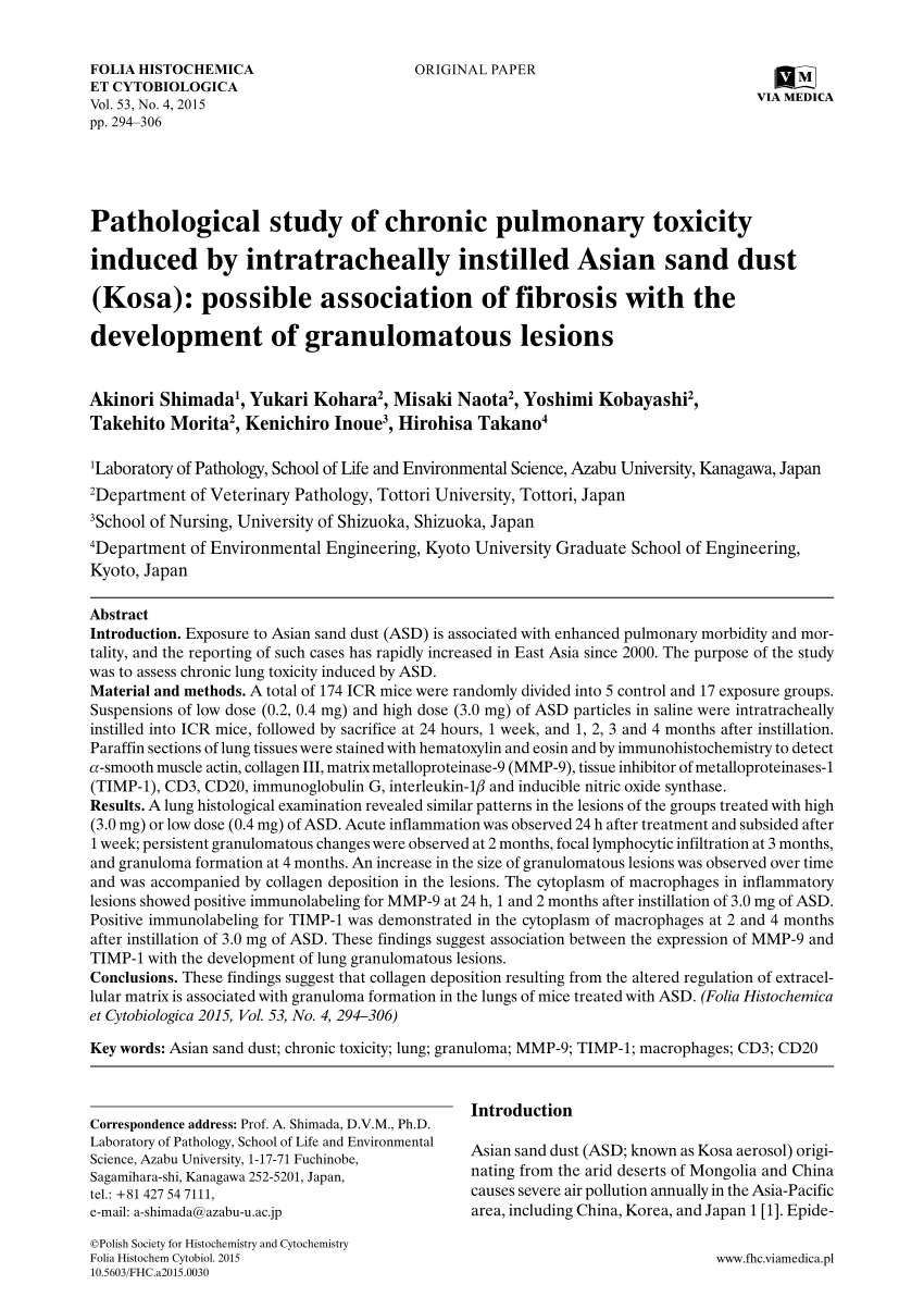 Pdf Pathological Study Of Chronic Pulmonary Toxicity Induced By Intratracheally Instilled Asian Sand Dust Kosa Possible Association Of Fibrosis With The Development Of Granulomatous Lesions
