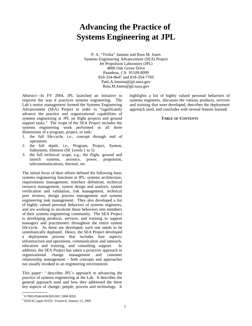PDF) 10.2.1 Improving the Practice of Systems Engineering at JPL