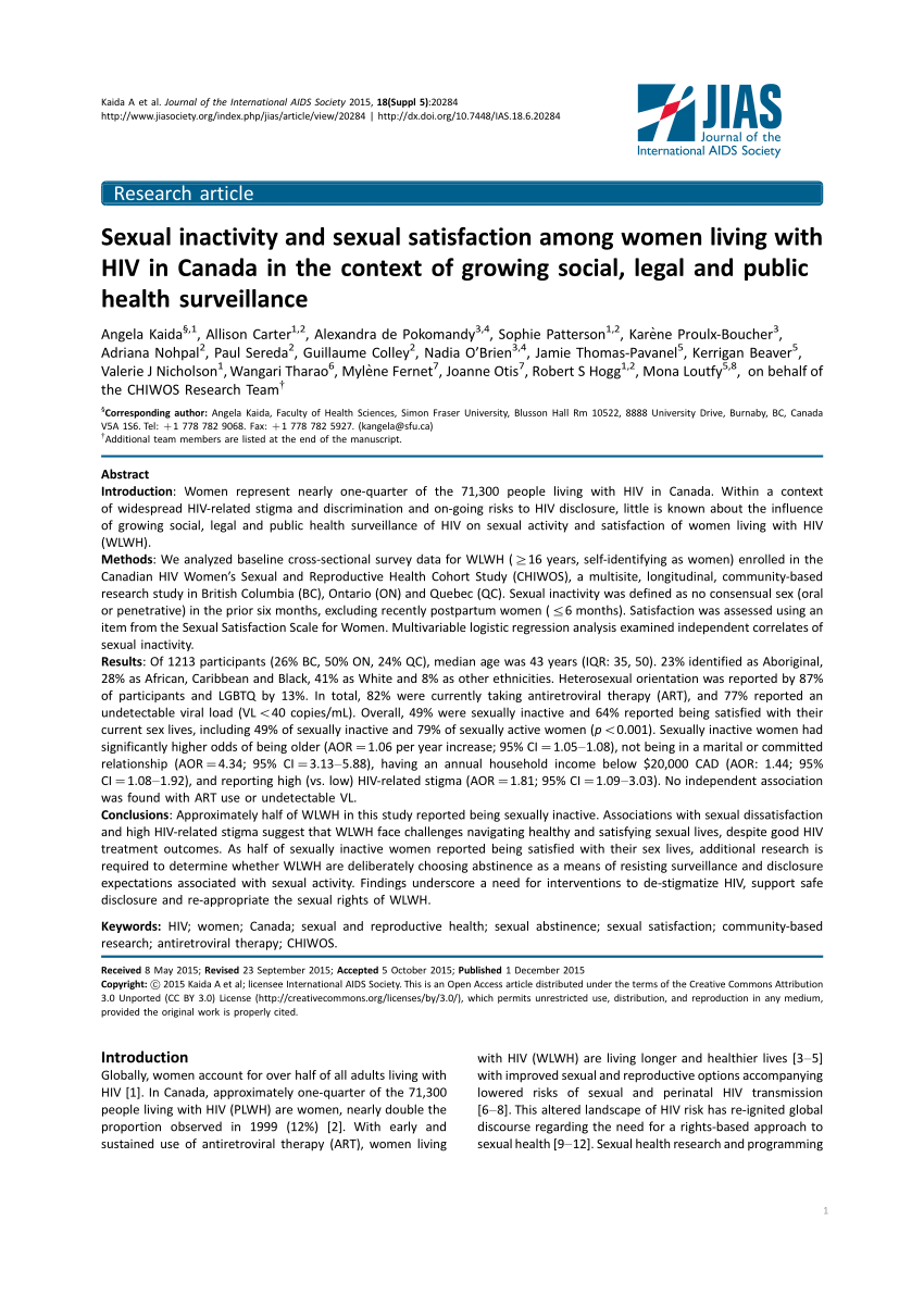 PDF) Sexual inactivity and sexual satisfaction among women living with HIV in Canada in the context of growing social, legal and public health surveillance