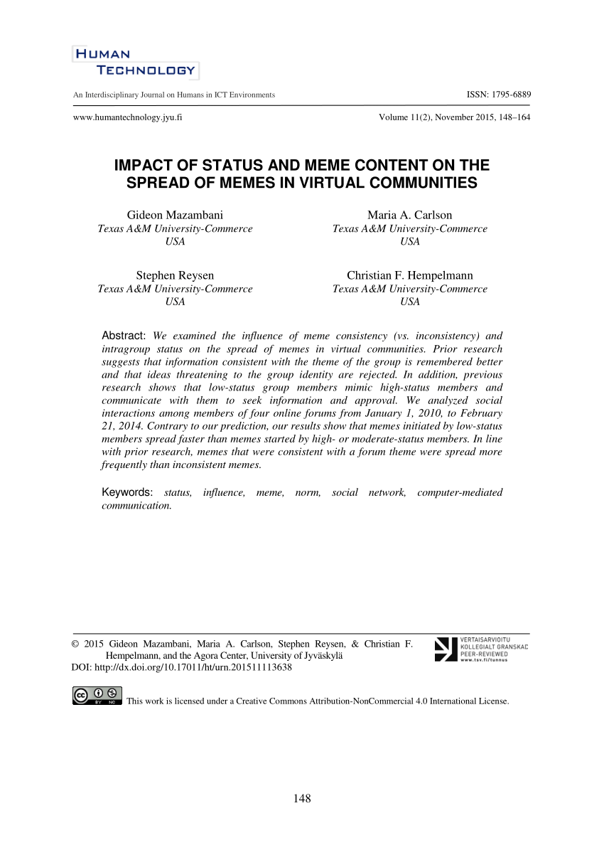 PDF Impact Of Status And Meme Content On Spread Of Memes In Virtual