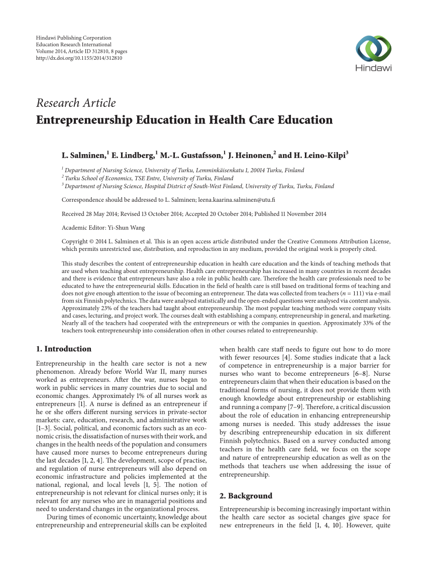 Pdf Entrepreneurship Education In Health Care Education