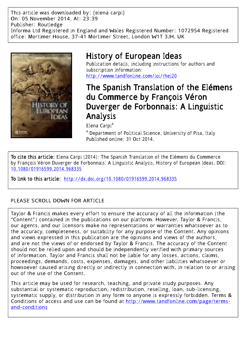 Pdf The Spanish Translation Of The Elemens Du Commerce By Francois Veron Duverger De Forbonnais A Linguistic Analysis