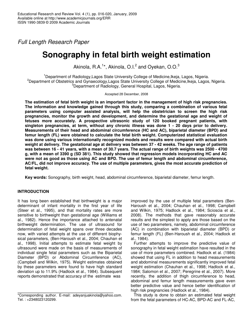 Pdf Sonography In Fetal Birth Weight Estimation 7684