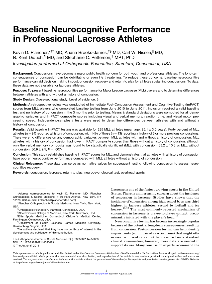 PDF) Baseline Neurocognitive Performance in Professional Lacrosse Athletes