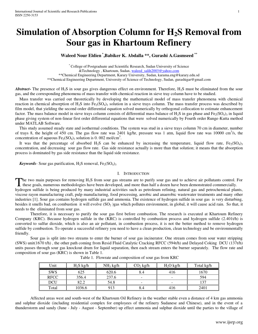 Pdf Simulation Of Absorption Column For H2s Removal From Sour Gas In Khartoum Refinery