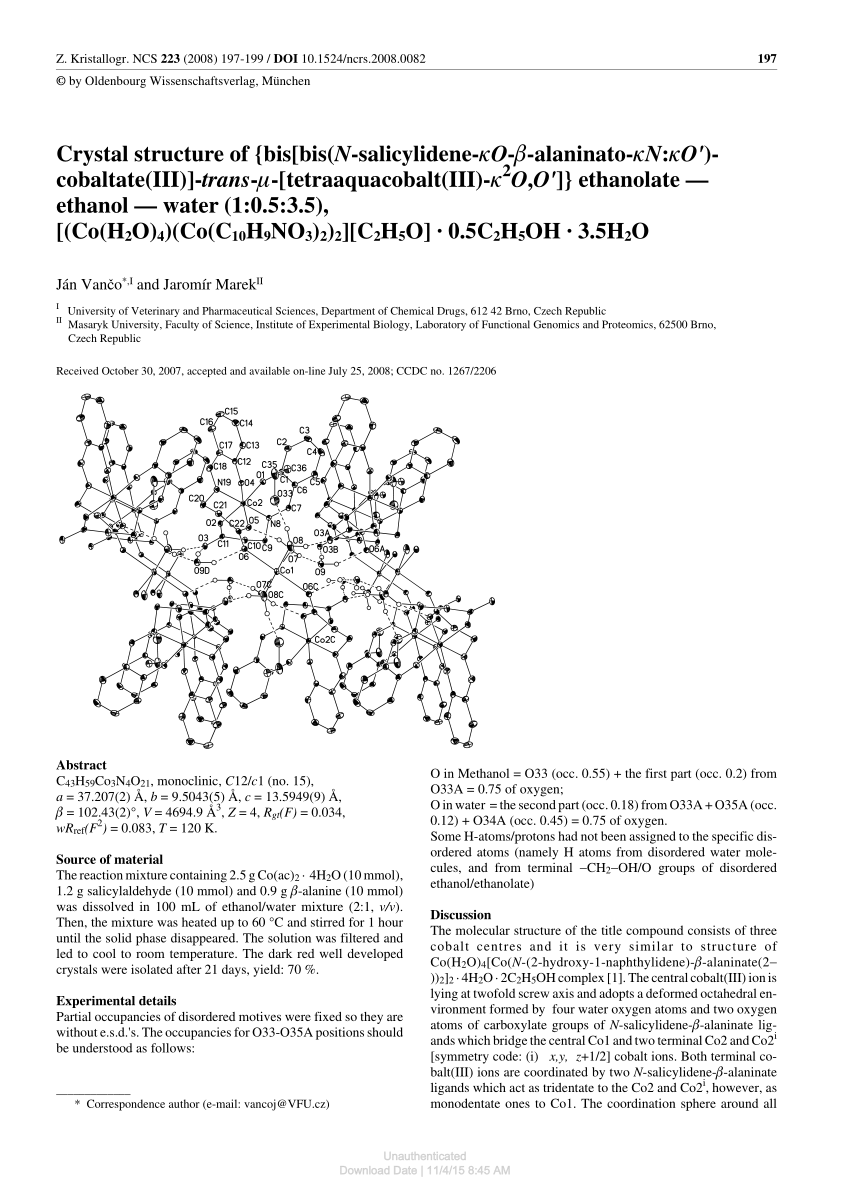 Pdf Crystal Structure Of Bis Bis N Salicylidene Ko B Alaninato Kn Ko Cobaltate Iii Trans M Tetraaquacobalt Iii K2o O Ethanolate Ethanol Water 1 0 5 3 5 Co H2o 4 Co C10h9no3 2 2 C2h5o 0 5c2h5oh 3 5h2o