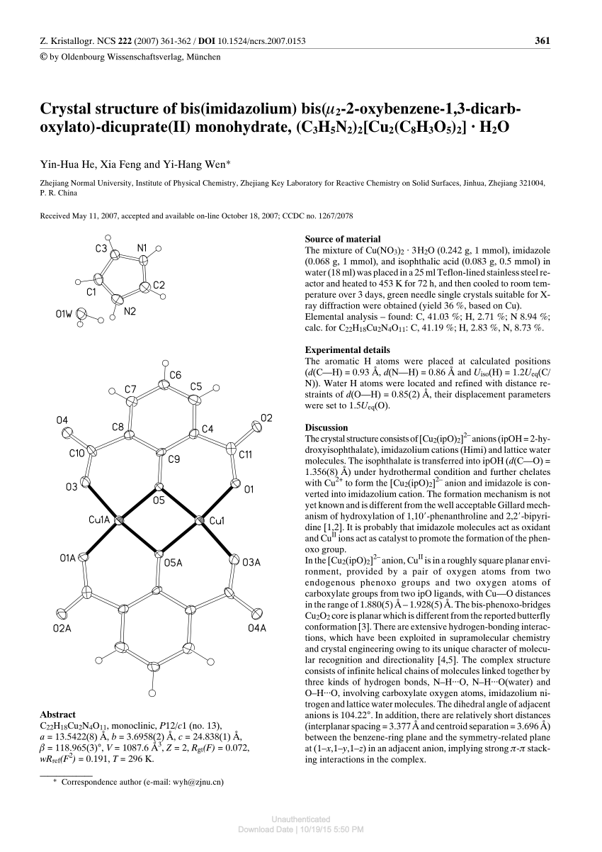 Pdf Crystal Structure Of Bis Imidazolium Bis M2 2 Oxybenzene 1 3 Dicarboxylato Dicuprate Ii Monohydrate C3h5n2 2 Cu2 C8h3o5 2 H2o