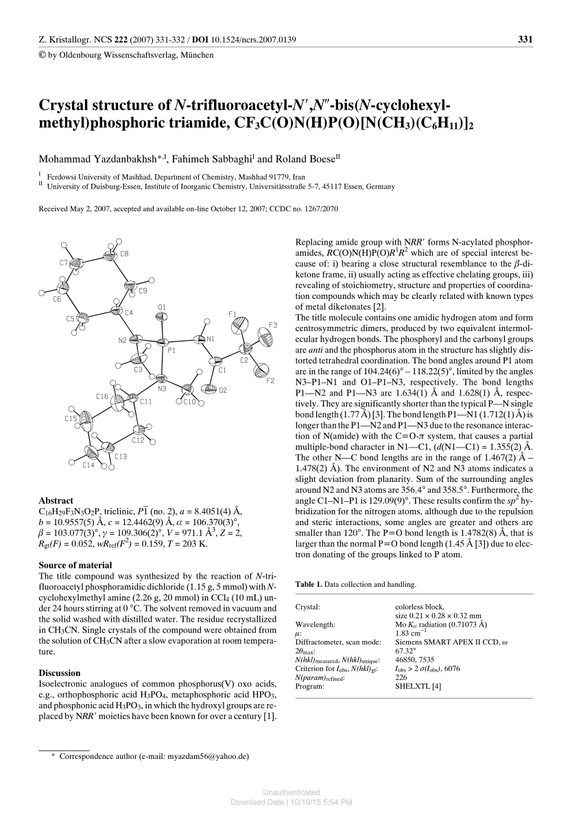 Pdf Crystal Structure Of N Trifluoroacetyl N N Bis N Cyclohexyl Methyl Phosphoric Triamide Cf3c O N H P O N Ch3 C6h11 2