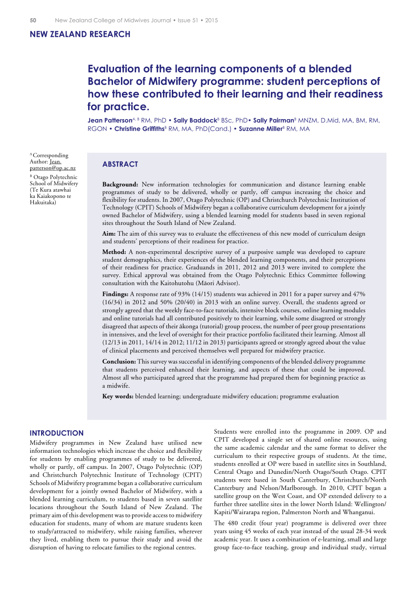PDF) Evaluation of the learning components of a blended Bachelor of Midwifery programme student perceptions of how these contributed to their learning and their readiness for practice.