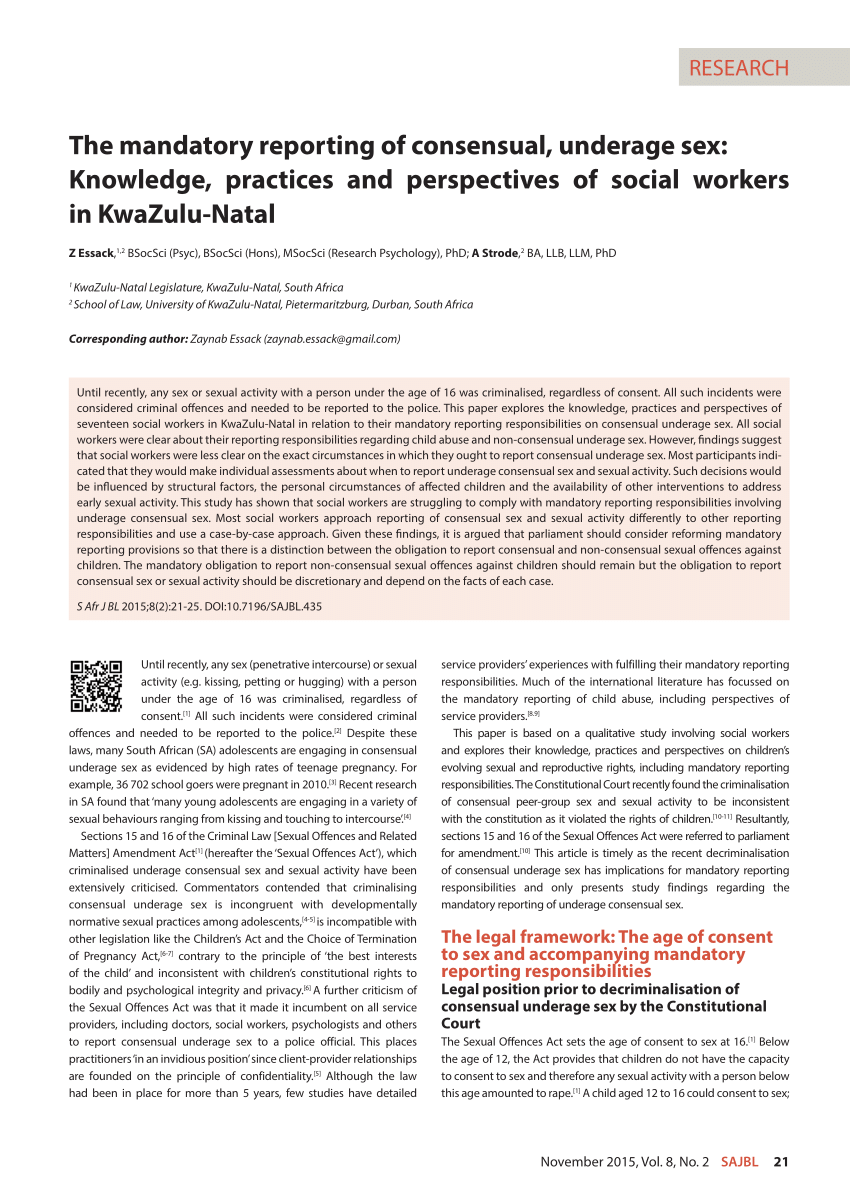 PDF) The mandatory reporting of consensual, underage sex: Knowledge,  practices and perspectives of social workers in KwaZulu-Natal