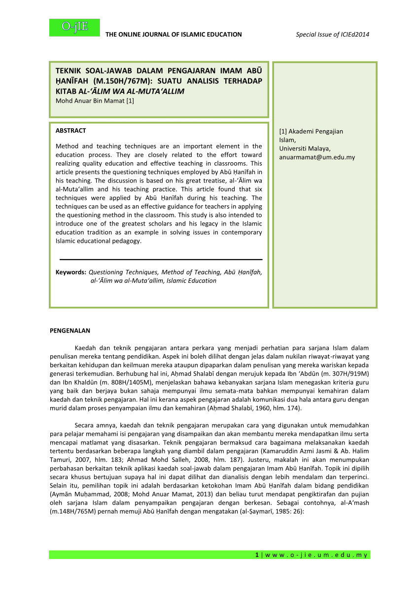 Pdf Kaedah Soal Jawab Dalam Pengajaran Imam Abu Anifah Satu Analisis Perbandingan Questioning Method In Imam Abu Hanifah S Teaching A Comparative Analysis