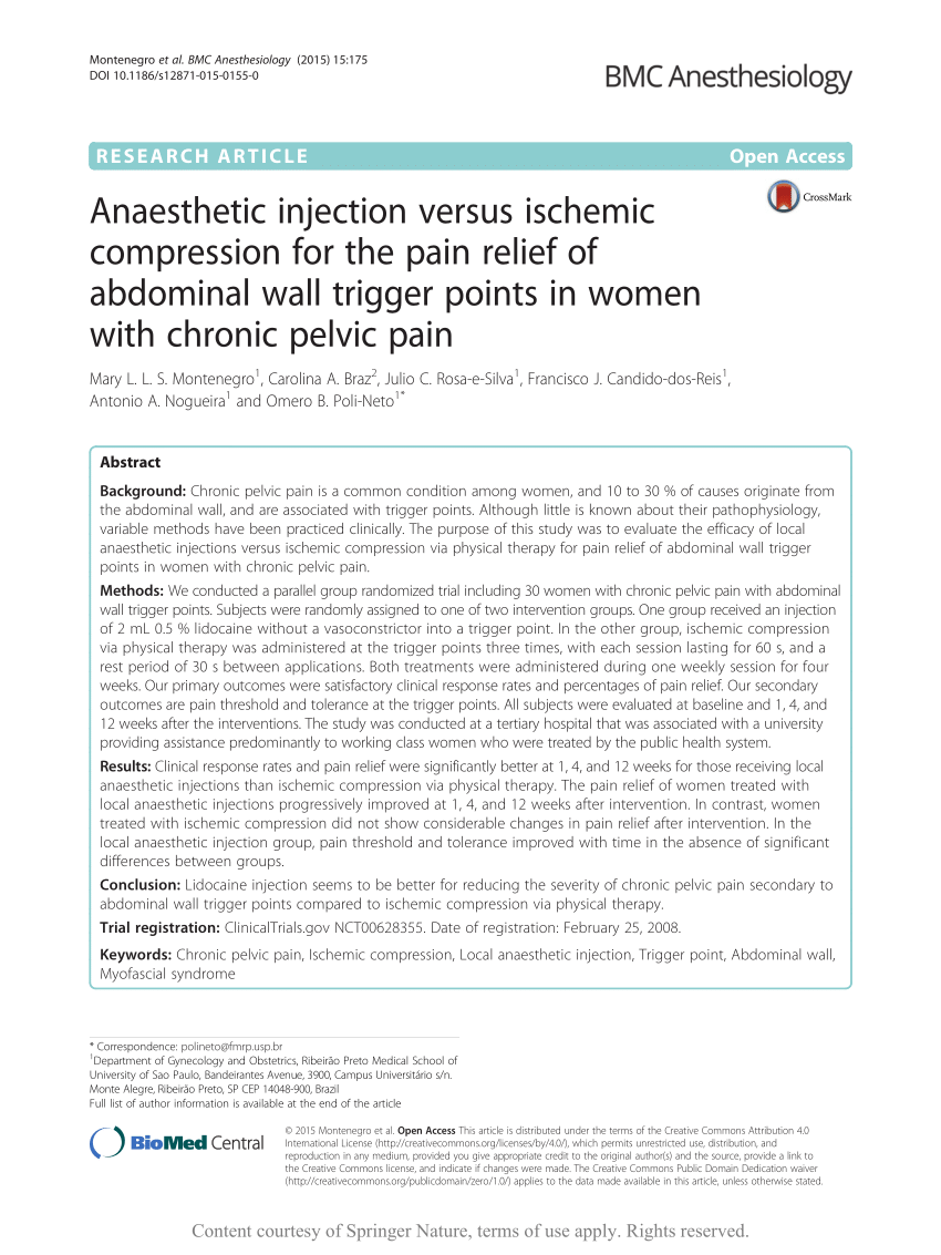 PDF) Anaesthetic injection versus ischemic compression for the pain relief  of abdominal wall trigger points in women with chronic pelvic pain