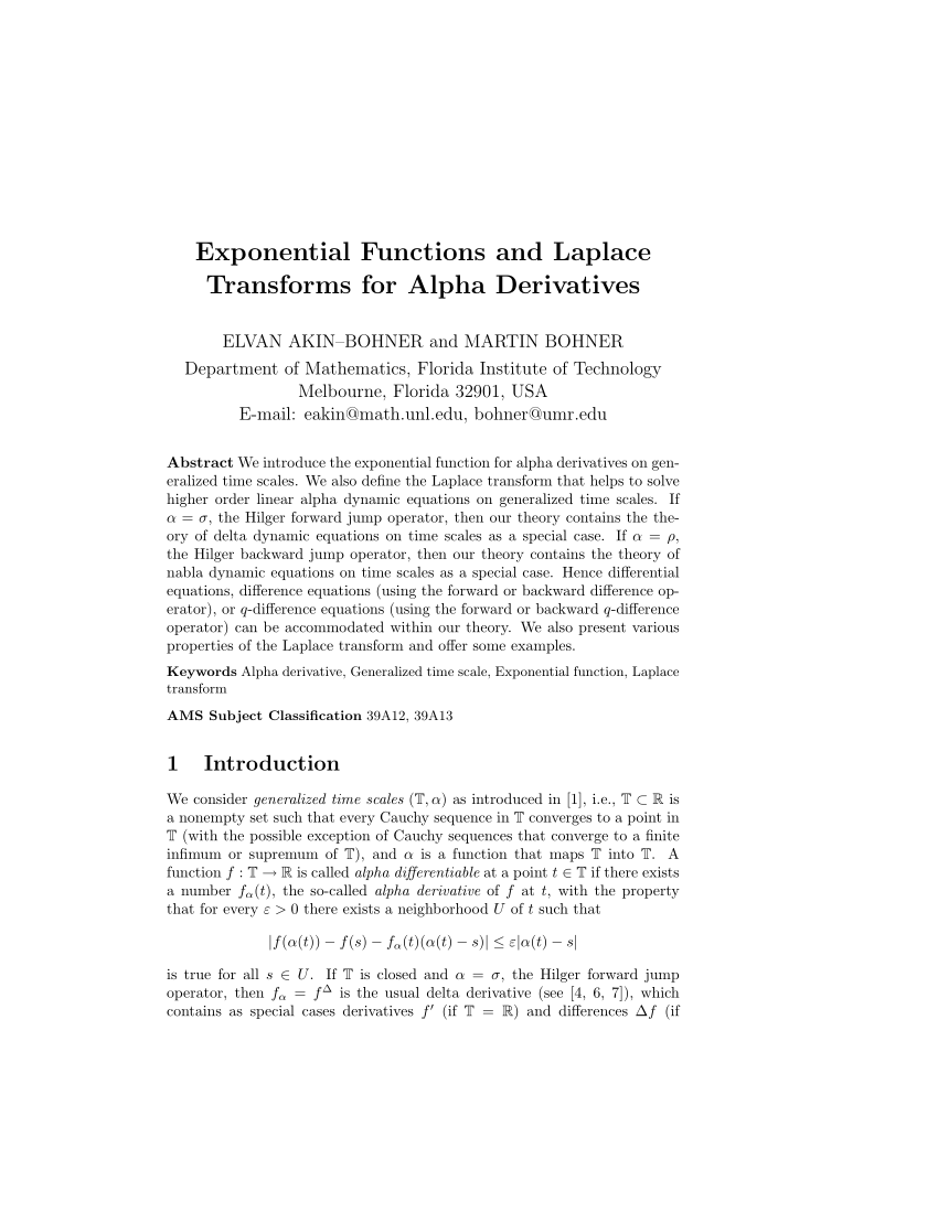 Pdf Exponential Functions And Laplace Transforms For Alpha Derivatives