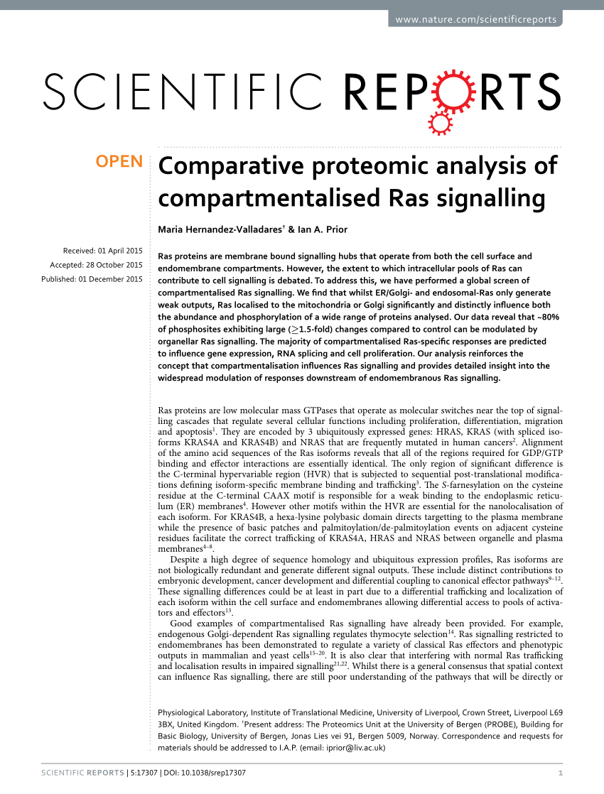 PDF) Comparative proteomic analysis of compartmentalised Ras signalling