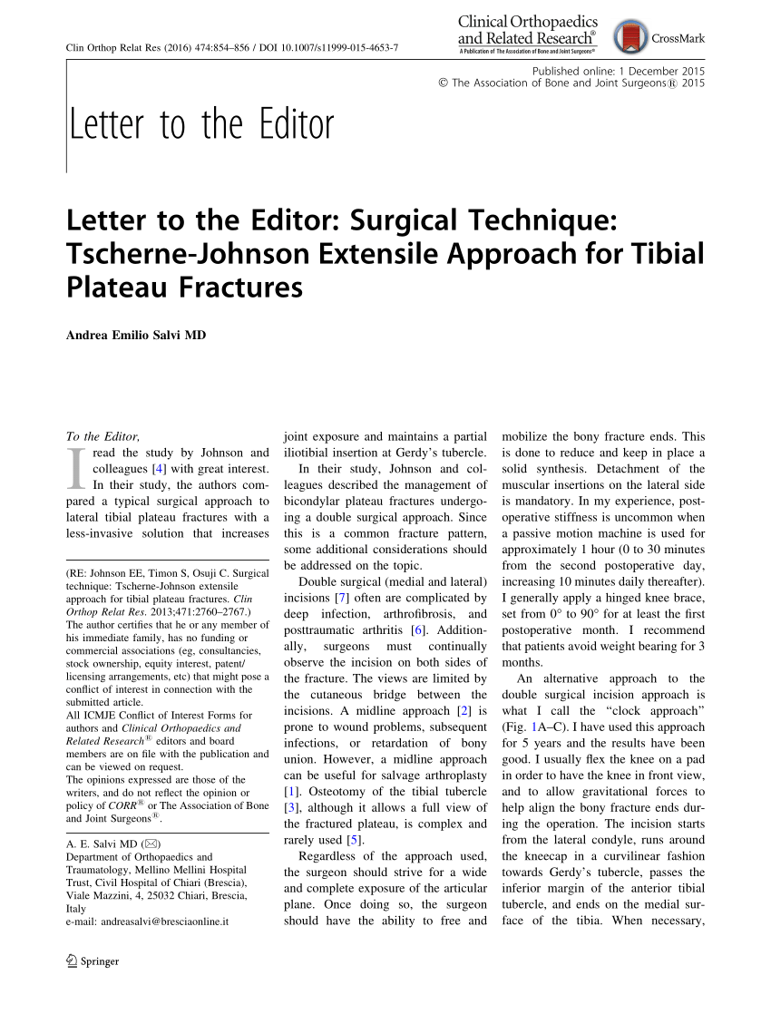 Surgical Technique: Tscherne-Johnson Extensile Approach for Tibial Plateau  Fractures