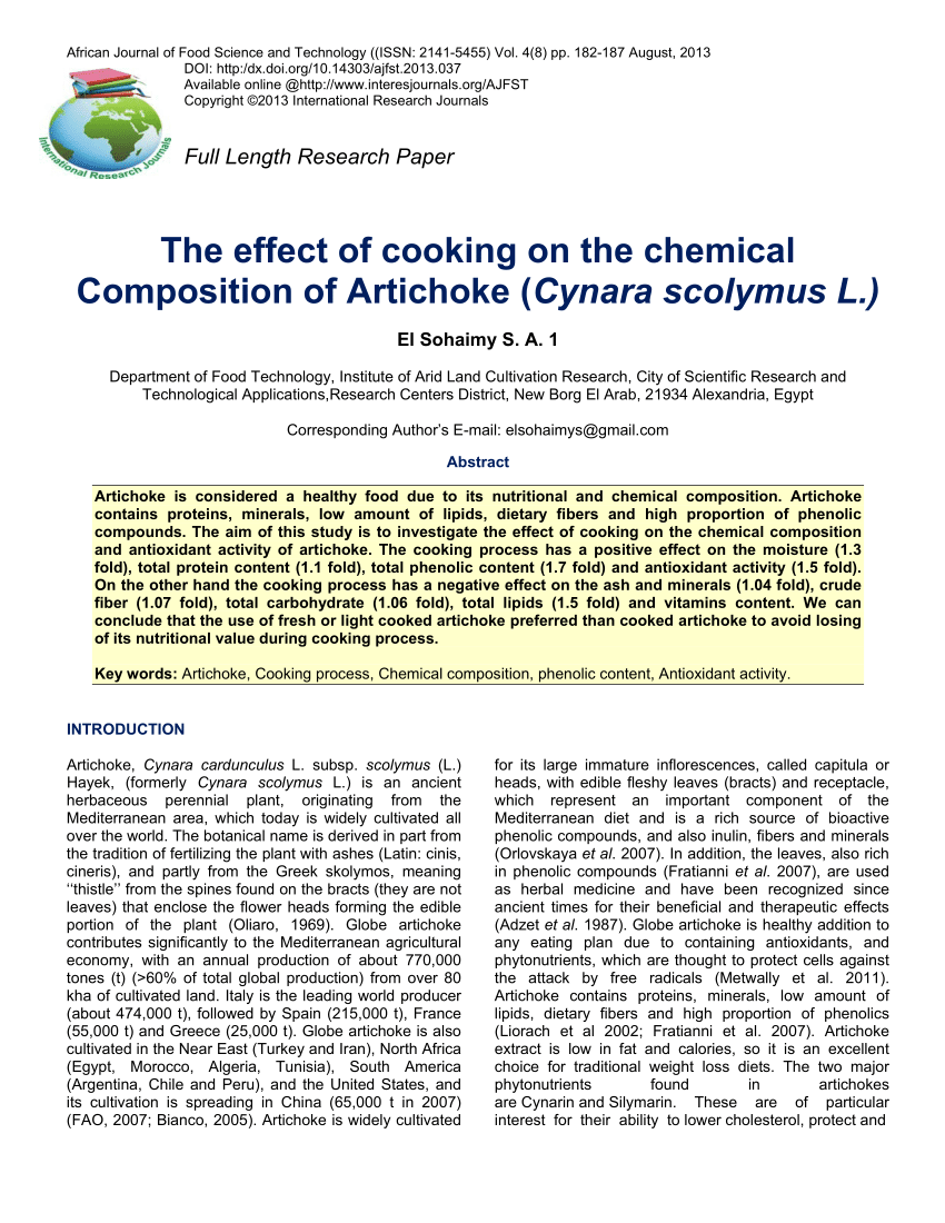 Pdf The Effect Of Cooking On The Chemical Composition Of Artichoke Cynara Scolymus L