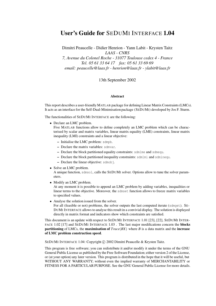 PDF) User's guide for SeDuMi interface 1.04