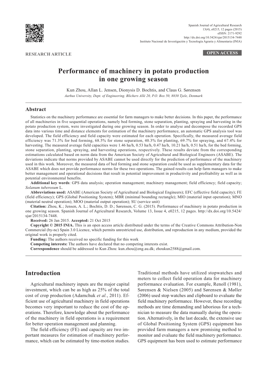 Pdf Performance Of Machinery In Potato Production In One