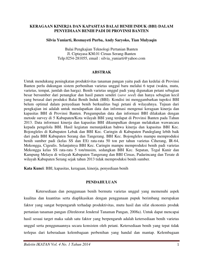 PDF KERAGAAN KINERJA DAN KAPASITAS BALAI BENIH INDUK BBI DALAM