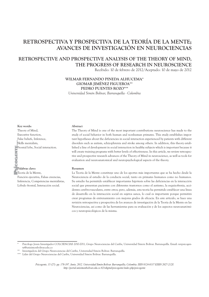 Pdf Retrospectiva Y Prospectiva De La Teoria De La Mente Avances De Investigacion En Neurociencias Retrospective And Prospective Analysis Of The Theory Of Mind The Progress Of Research In Neuroscience