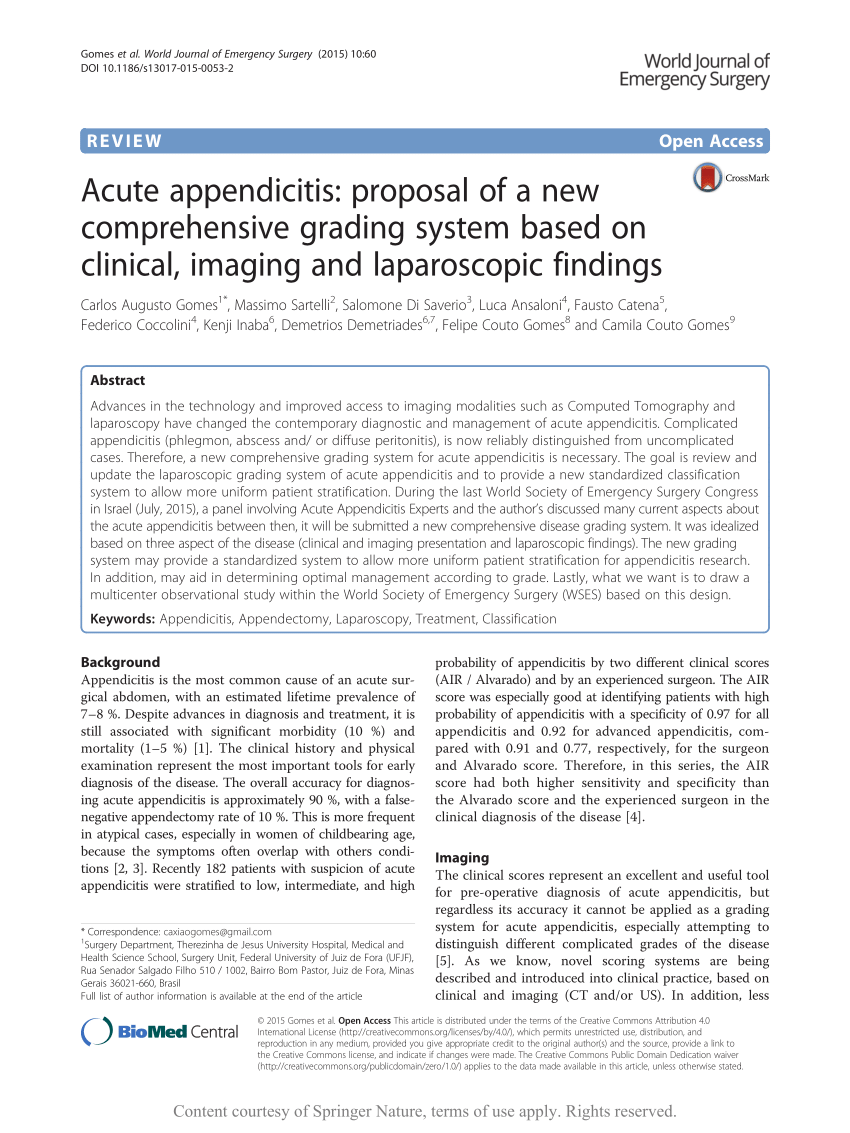 Pdf Acute Appendicitis Proposal Of A New Comprehensive Grading System Based On Clinical Imaging And Laparoscopic Findings