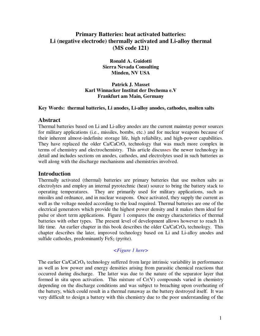 (PDF) Primary Batteries - Reserve Systems|Thermally Activated Batteries ...