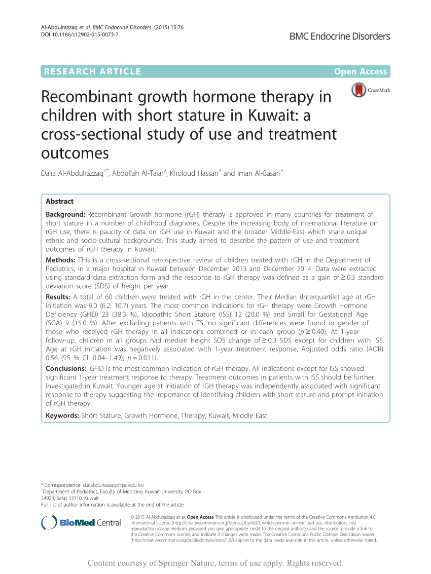 PDF) Recombinant growth hormone therapy in children with short stature in Kuwait A cross-sectional study of use and treatment outcomes