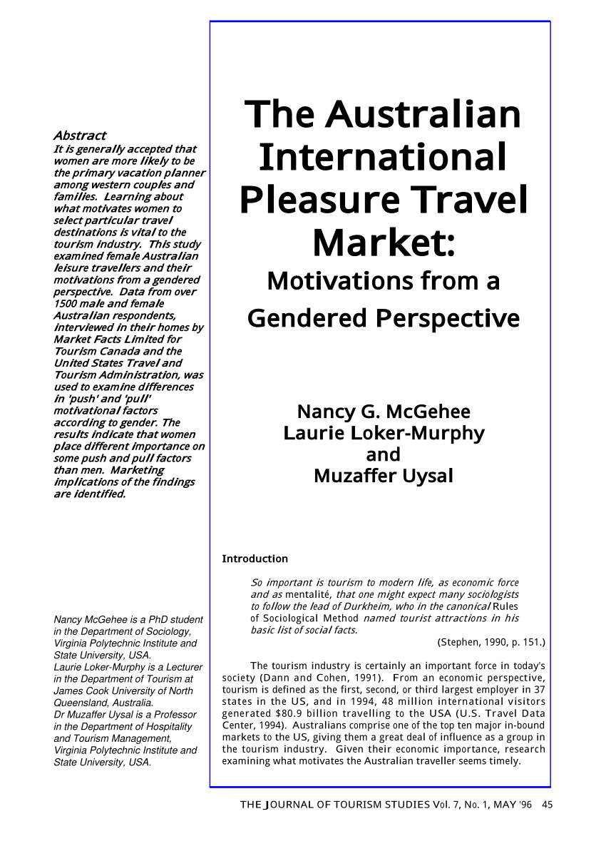 Pdf The Australian International Pleasure Travel Market Motivations From A Gendered Perspective