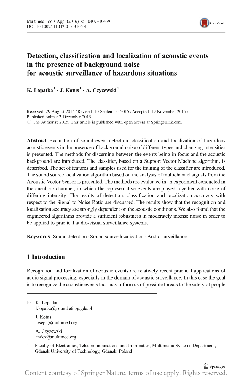 Pdf Detection Classification And Localization Of Acoustic Events In The Presence Of Background Noise For Acoustic Surveillance Of Hazardous Situations