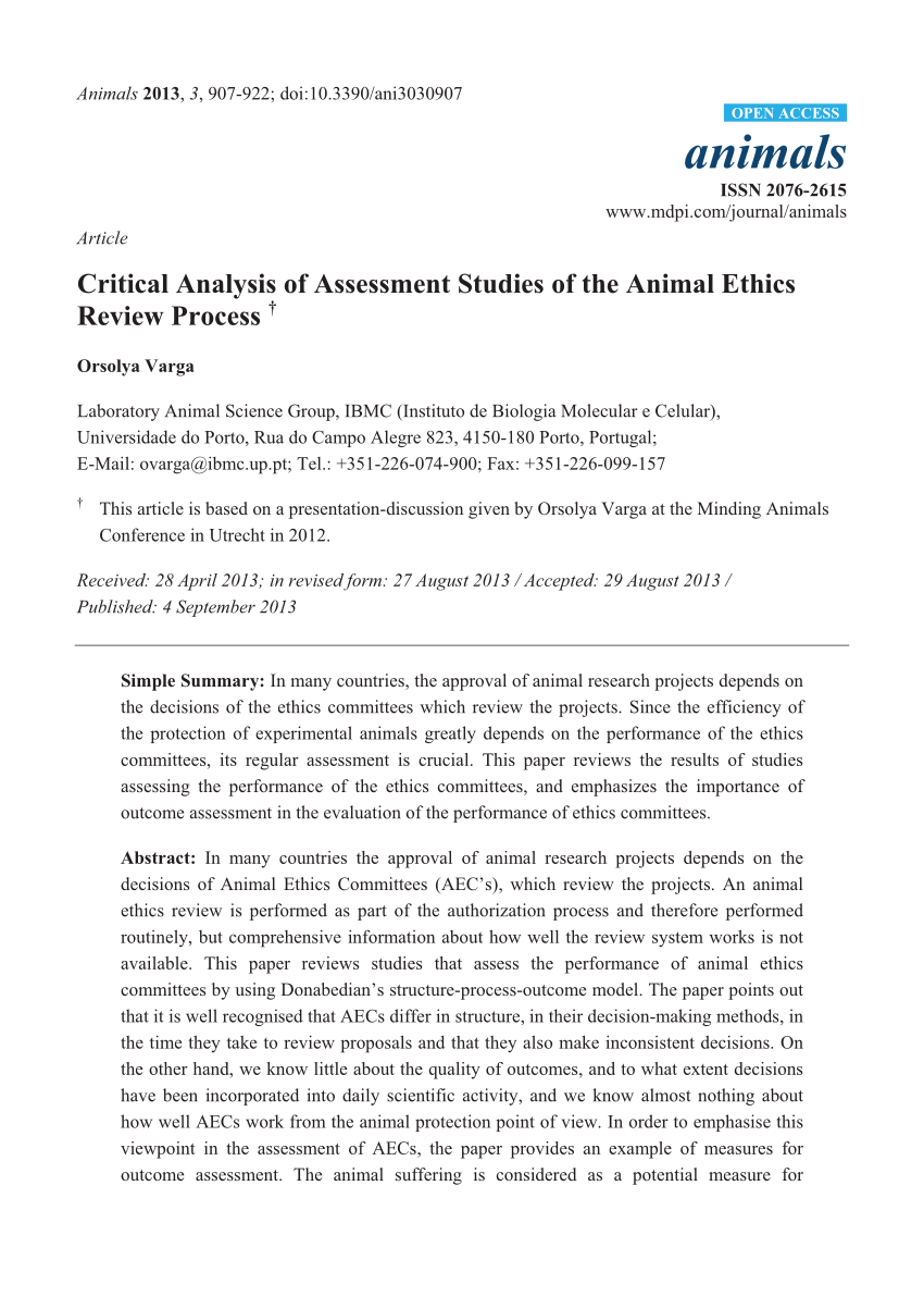 PDF) Critical Analysis of Assessment Studies of the Animal Ethics Review  Process