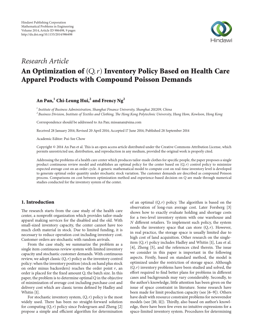 Pdf An Optimization Of Q R Inventory Policy Based On Health Care Apparel Products With Compound Poisson Demands