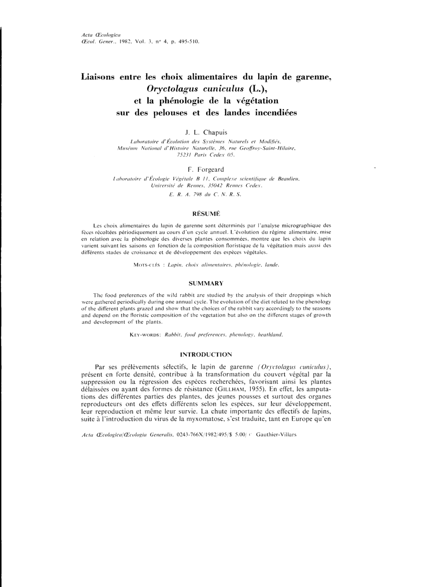 Pdf Liaisons Entre Les Choix Alimentaires Du Lapin De Garenne Oryctolagus Cuniculus L Et La Phenologie De La Vegetation Sur Des Pelouses Et Des Landes Incendiees