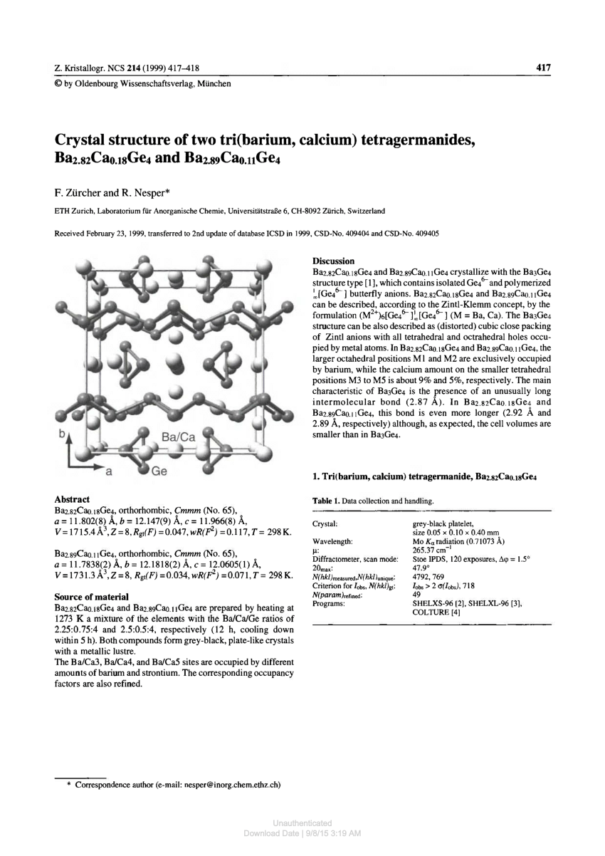 Pdf Crystal Structure Of Two Tri Barium Calcium Tetragermanides Ba2 ca0 18ge4 And Ba2 ca0 11ge4