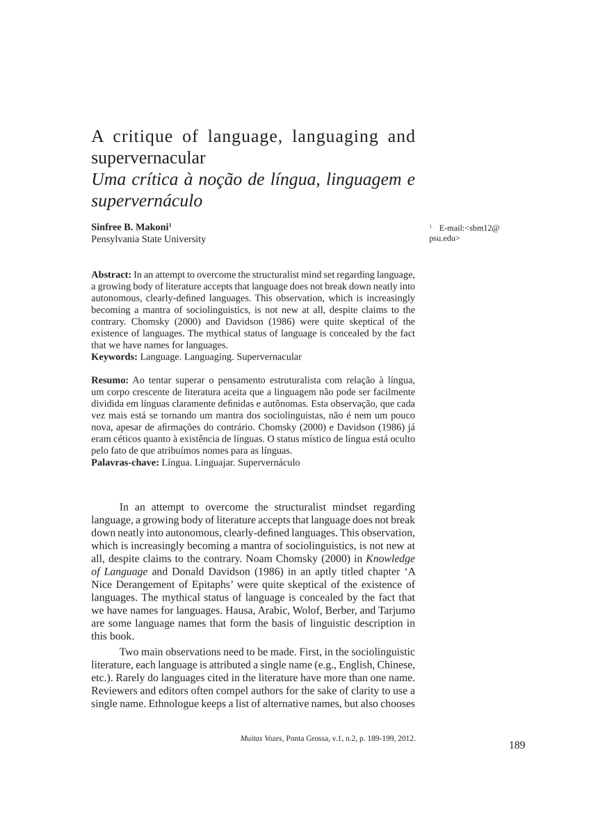 Pdf A Critique Of Language Languaging And Supervernacular