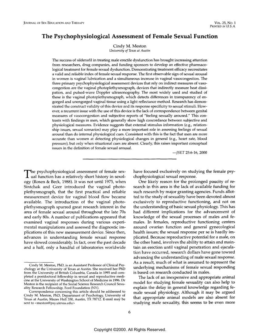 PDF The Psychophysiological Assessment of Female Sexual Function