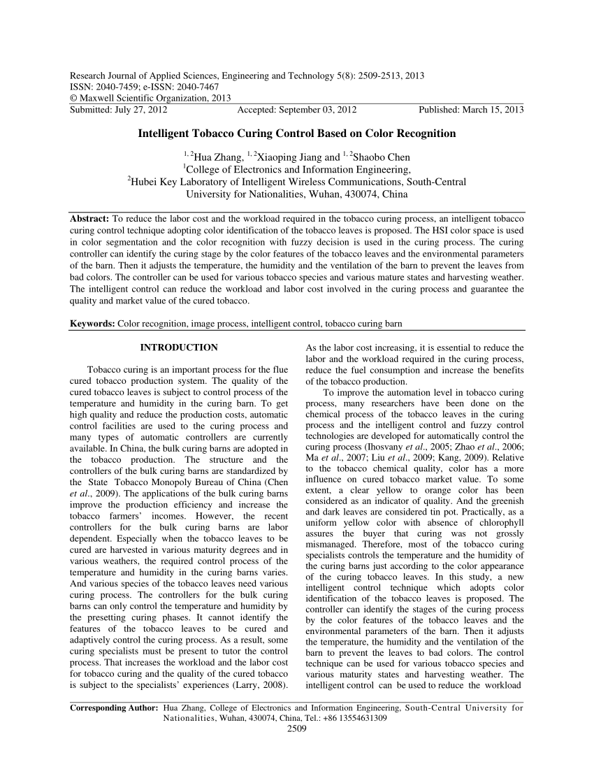 Pdf Intelligent Tobacco Curing Control Based On Color Recognition