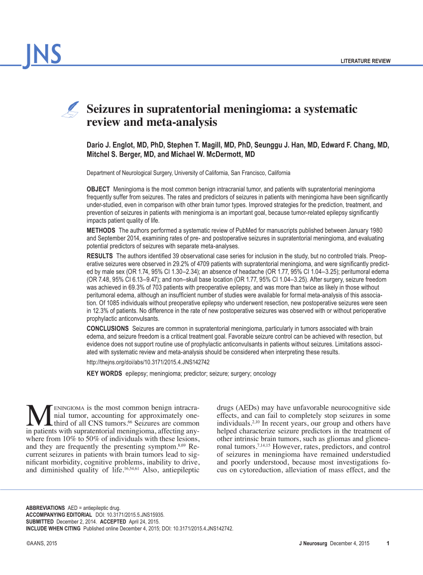 Pdf Seizures In Supratentorial Meningioma A Systematic Review And Meta Analysis 8726