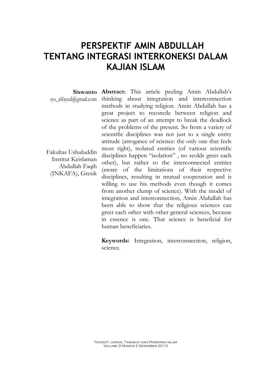 Pdf Perspektif Amin Abdullah Tentang Integrasi Interkoneksi Dalam Kajian Islam