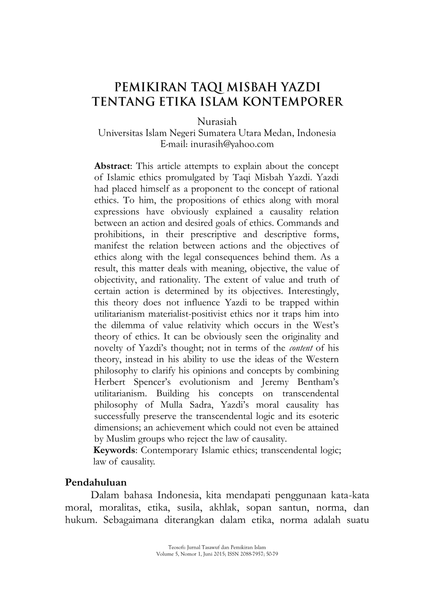 PDF Pemikiran Taqi Misbah Yazdi Tentang Etika Islam Kontemporer
