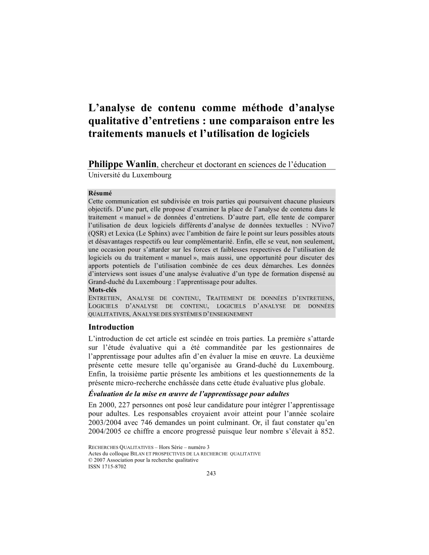 Pdf L Analyse De Contenu Comme Methode D Analyse Qualitative D Entretiens Une Comparaison Entre Les Traitements Manuels Et L Utilisation De Logiciels