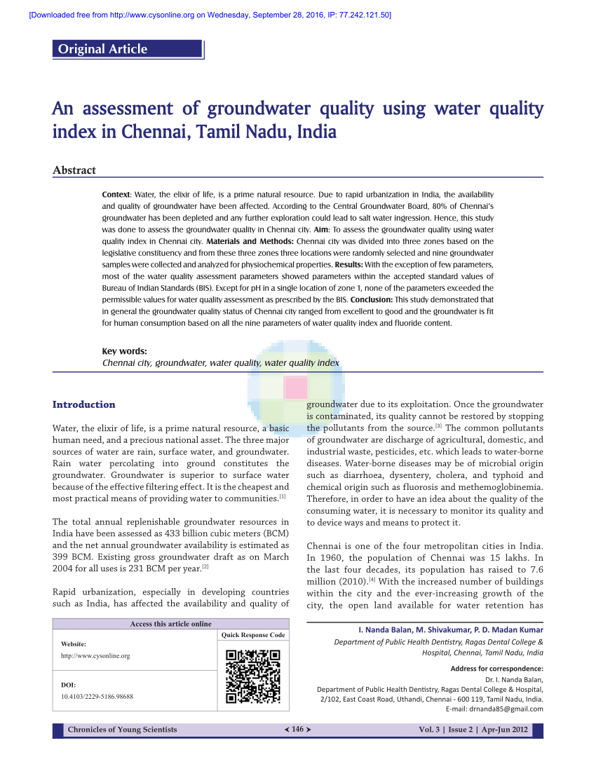 Pdf An Assessment Of Ground Water Quality Using Water Quality Index In Chennai Tamil Nadu India