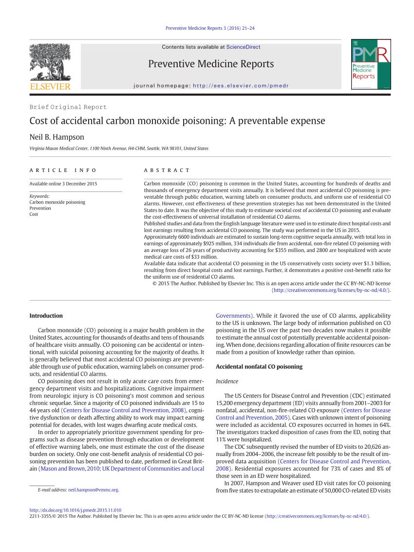 Pdf Cost Of Accidental Carbon Monoxide Poisoning A Preventable Expense