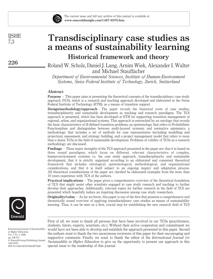 Pdf Transdisciplinary Case Studies As A Means Of Sustainability Learning Historical Framework And Theory