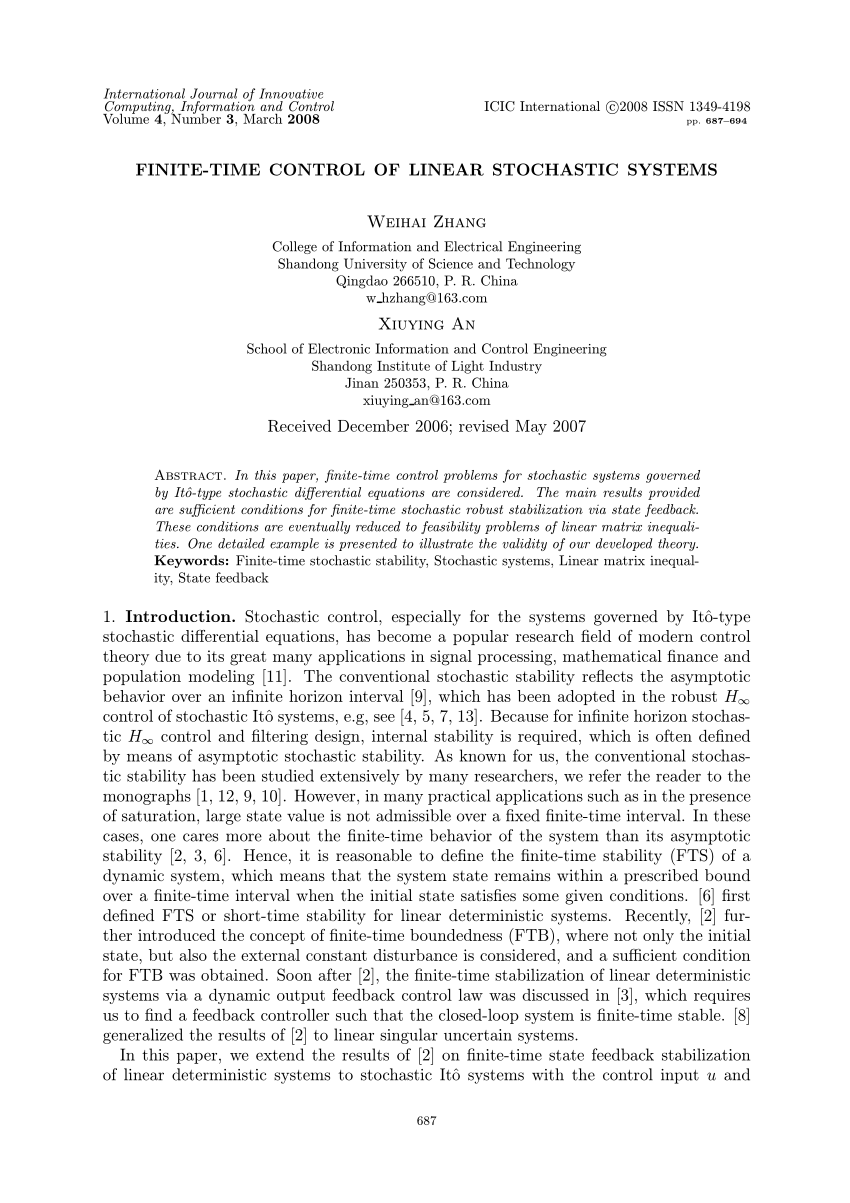 Pdf Finite Time Control Of Linear Stochastic Systems