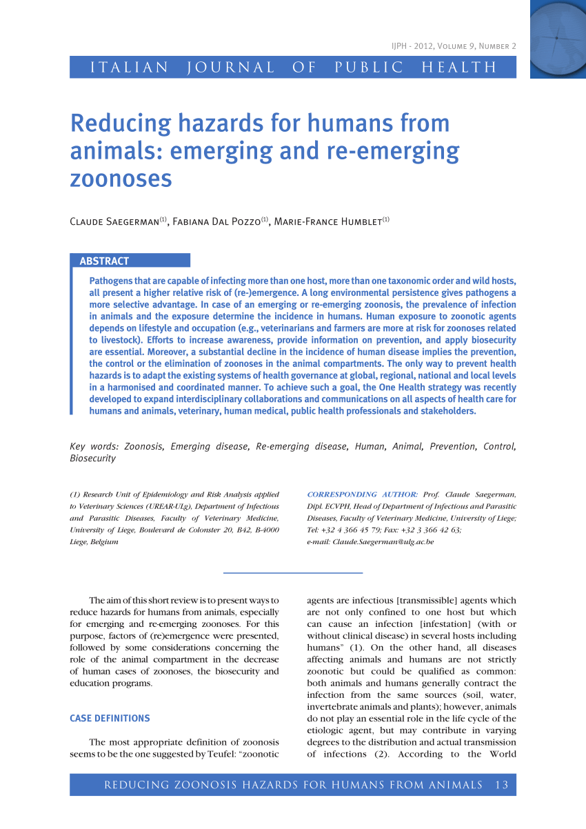 PDF) Reducing hazards for humans from animals: Emerging and re-emerging  zoonoses