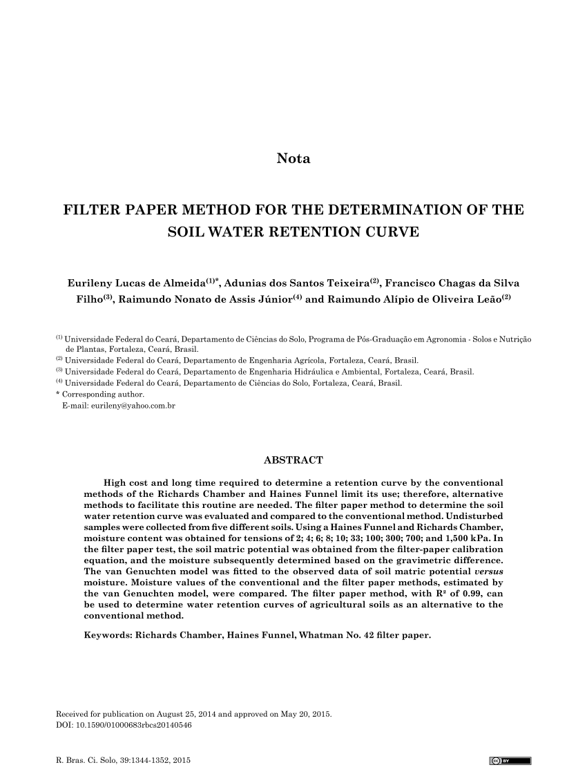 Pdf Filter Paper Method For The Determination Of The Soil Water Retention Curve