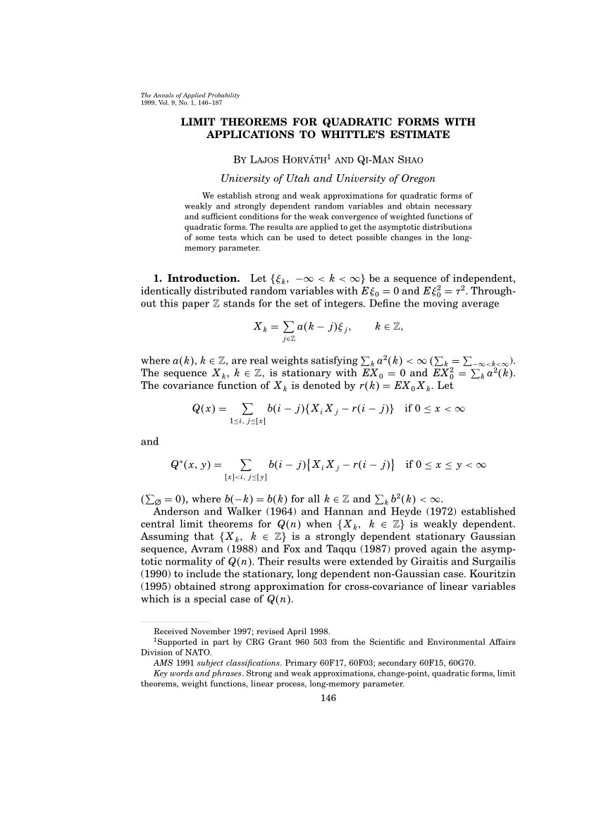 pdf-limit-theorems-for-quadratic-forms-with-applications-to-whittle-s-estimate