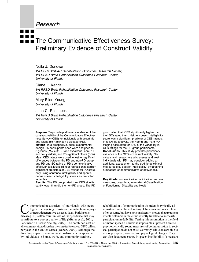 Pdf The Communicative Effectiveness Survey Investigating Its Item Level Psychometric Properties