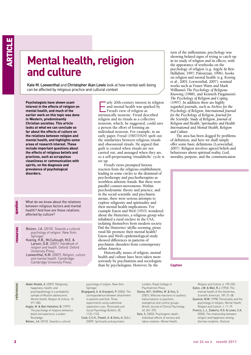 PDF Mental health religion and culture